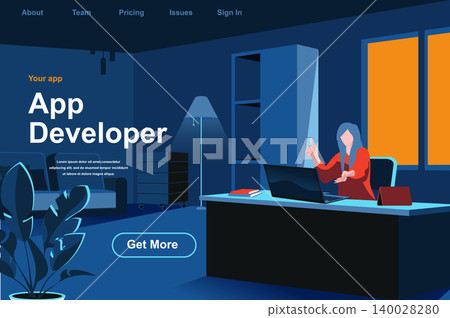 App development isometric landing page. Programmer working with computer in office website template. UI, UX responsive design, application programming and testing perspective flat vector illustration. App development isometric landing page. Programmer working with computer in office website template. UI, UX responsive design, application programming and testing perspective flat vector illustration. 140028280
