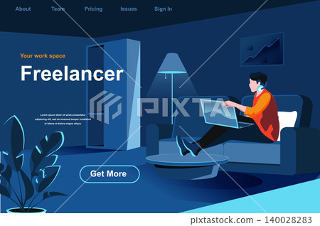 Freelance job isometric landing page. Young man working with laptop at home office website template. Remote work at company and self-employed occupation perspective flat design. Vector illustration. Freelance job isometric landing page. Young man working with laptop at home office website template. Remote work at company and self-employed occupation perspective flat design. Vector illustration. 140028283