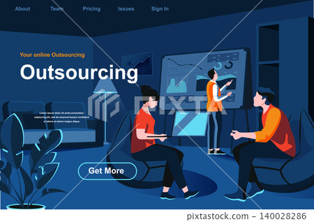 Outsourcing service isometric landing page. Developer and designer working with laptop in office website template. Professional and qualified outside resourcing perspective flat vector illustration. Outsourcing service isometric landing page. Developer and designer working with laptop in office website template. Professional and qualified outside resourcing perspective flat vector illustration. 140028286