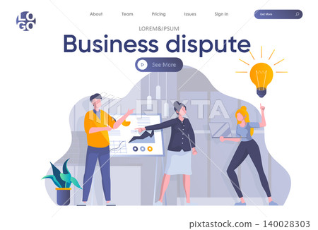 Business dispute landing page with header. Team of colleagues discussing project near whiteboard with infographics scene. Corporate teamwork situation, debating at work flat vector illustration. Business dispute landing page with header. Team of colleagues discussing project near whiteboard with infographics scene. Corporate teamwork situation, debating at work flat vector illustration. 140028303