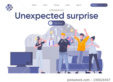 Unexpected surprise landing page with header. Friends celebrating birthday or anniversary and giving gift to girl scene. Birthday congratulation with present and flowers flat vector illustration. 140028307