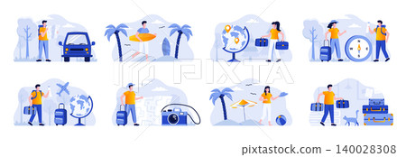 Travel vacation scenes bundle with people characters. Tourists traveling by car or plane, couple with luggage, surfer with surfboard situations. Summer holidays and activity flat vector illustration 140028308