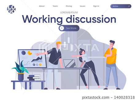 Working discussion landing page with header. Team of colleagues discussing project near whiteboard with infographics scene. Corporate teamwork situation, debating at work flat vector illustration. Working discussion landing page with header. Team of colleagues discussing project near whiteboard with infographics scene. Corporate teamwork situation, debating at work flat vector illustration. 140028318