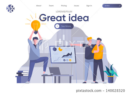 Great idea landing page with header. Man presenting new great idea before investors, startup team brainstorming in office scene. Coworking, teamwork and creativity situation flat vector illustration. 140028320