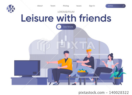 Leisure with friends landing page with header. Friends watching TV and talking in sofa scene. Weekend entertainment, students relax and spending time together situation flat vector illustration. Leisure with friends landing page with header. Friends watching TV and talking in sofa scene. Weekend entertainment, students relax and spending time together situation flat vector illustration. 140028322