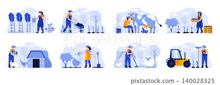 Farming scenes bundle with people characters. Farmers planting and watering crops, gathering harvest, feeding farm animals and milking cow situations. Agricultural workers flat vector illustration. 140028325