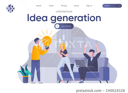 Idea generation landing page with header. Students discussing new project, startup team meeting and brainstorming in office scene. Coworking, teamwork and creativity situation flat vector illustration Idea generation landing page with header. Students discussing new project, startup team meeting and brainstorming in office scene. Coworking, teamwork and creativity situation flat vector illustration 140028326