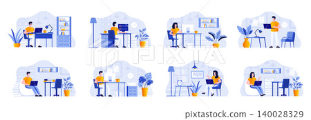 Coworking office bundle with people characters. Designers and developers working with computers in coworking open space area situations. Emploees and frelancers at workplace flat vector illustration 140028329