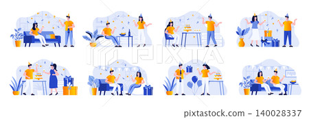 Party scenes bundle with people characters. Friends celebrating, congratulating and gift presenting, having fun together situations. Birthday party with festive decoration flat vector illustration. 140028337