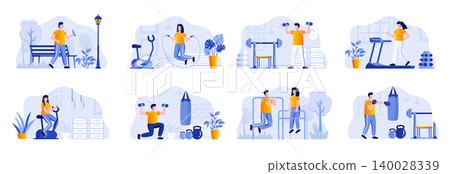 Fitness scenes bundle with people characters. People running, jumping with rope, lifting dumbbells and training with punching bag situations. Sports activities and workout flat vector illustration. Fitness scenes bundle with people characters. People running, jumping with rope, lifting dumbbells and training with punching bag situations. Sports activities and workout flat vector illustration. 140028339