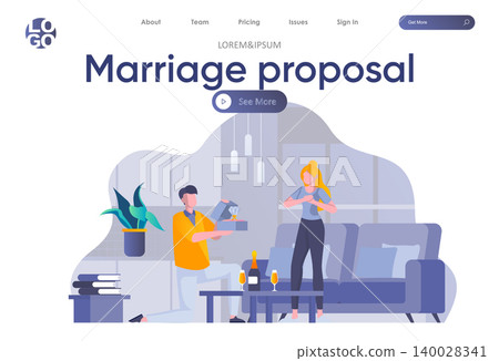Marriage proposal landing page with header. Man standing on one knee and holding diamond ring scene. Marry me concept with couple in love. Romantic engagement and marriage flat vector illustration. 140028341