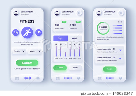 Fitness workout unique neumorphic design kit. Personal trainer app with different kinds of strength and cardio training. Sport activity UI, UX template set. GUI for responsive mobile application. Fitness workout unique neumorphic design kit. Personal trainer app with different kinds of strength and cardio training. Sport activity UI, UX template set. GUI for responsive mobile application. 140028347