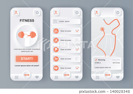 Fitness monitor unique neumorphic design kit for mobile app. Personal tracker with running route on map, different kinds of workouts. Sport UI, UX template set. GUI for responsive mobile application. Fitness monitor unique neumorphic design kit for mobile app. Personal tracker with running route on map, different kinds of workouts. Sport UI, UX template set. GUI for responsive mobile application. 140028348