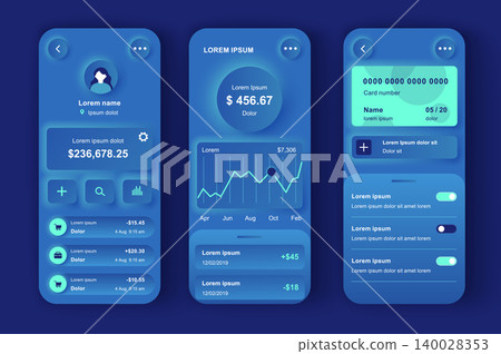 Online banking unique neumorphic design kit. Smart finance app with manage transactions and view account activities. Financial management UI, UX template set. GUI for responsive mobile application. Online banking unique neumorphic design kit. Smart finance app with manage transactions and view account activities. Financial management UI, UX template set. GUI for responsive mobile application. 140028353