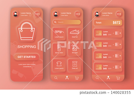 Online shopping unique neumorphic design kit for app. Shopping platform screens with product description and prices. Internet marketplace UI, UX template set. GUI for responsive mobile application. Online shopping unique neumorphic design kit for app. Shopping platform screens with product description and prices. Internet marketplace UI, UX template set. GUI for responsive mobile application. 140028355