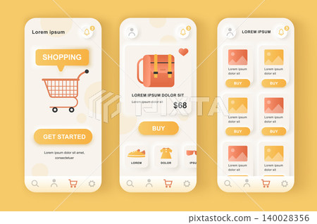 Online shopping solution unique neumorphic design kit. Shopping app with product photo, description and price. Internet marketplace platform UI, UX template set. GUI for responsive mobile application. Online shopping solution unique neumorphic design kit. Shopping app with product photo, description and price. Internet marketplace platform UI, UX template set. GUI for responsive mobile application. 140028356