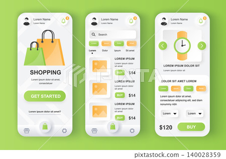Shopping solution unique neumorphic design kit. Shopping app for online auction with product photo, description and price. Internet store UI, UX template set. GUI for responsive mobile application. Shopping solution unique neumorphic design kit. Shopping app for online auction with product photo, description and price. Internet store UI, UX template set. GUI for responsive mobile application. 140028359
