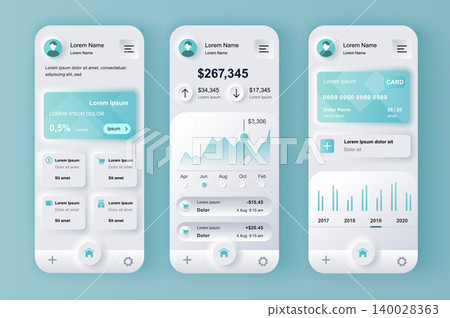 Finance services unique neumorphic design kit for mobile app. Online banking screen with charts and financial analytics. Finance management UI, UX template set. GUI for responsive mobile application Finance services unique neumorphic design kit for mobile app. Online banking screen with charts and financial analytics. Finance management UI, UX template set. GUI for responsive mobile application 140028363