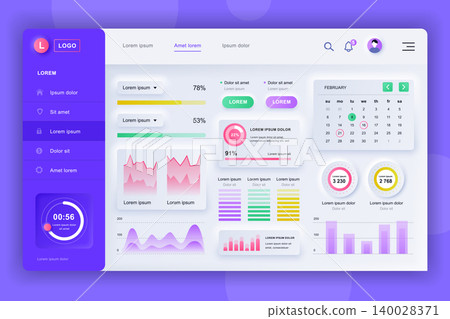 Neumorphic dashboard UI kit. Admin panel vector design template with infographic elements, HUD diagram, info graphics. Website dashboard for UI and UX design web page. Neumorphism style. Neumorphic dashboard UI kit. Admin panel vector design template with infographic elements, HUD diagram, info graphics. Website dashboard for UI and UX design web page. Neumorphism style. 140028371