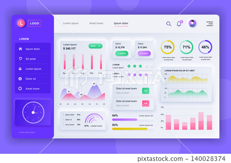 Neumorphic dashboard UI kit. Admin panel vector design template with infographic elements, HUD diagram, info graphics. Website dashboard for UI and UX design web page. Neumorphism style. 140028374