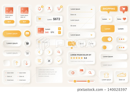 User interface elements for shopping mobile app. Shopping platform navigation, product rating and price gui templates. Unique neumorphic ui ux design kit. Manage, search and payment form and component 140028397