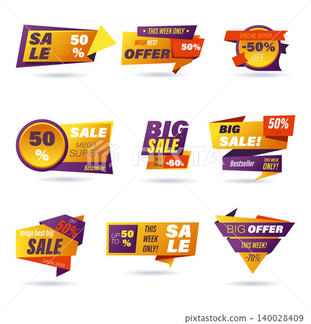 Set of retail sale badge. Stickers online shopping origami style for social media ads and banners, website badges, marketing, labels and stickers for products promotion template. Vector illustration. Set of retail sale badge. Stickers online shopping origami style for social media ads and banners, website badges, marketing, labels and stickers for products promotion template. Vector illustration. 140028409
