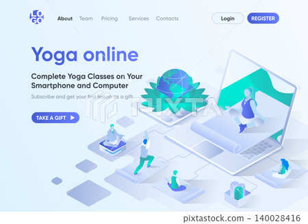 Yoga online isometric landing page. Distance training with instructor, exercising and meditating at home. Online yoga courses template for CMS and website. Isometry scene with people characters. Yoga online isometric landing page. Distance training with instructor, exercising and meditating at home. Online yoga courses template for CMS and website. Isometry scene with people characters. 140028416
