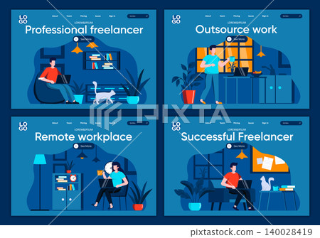 Outsource work flat landing pages set. Designers and developers working in home office scenes for website or CMS web page. Remote workplace, professional and successful freelancer vector illustration Outsource work flat landing pages set. Designers and developers working in home office scenes for website or CMS web page. Remote workplace, professional and successful freelancer vector illustration 140028419