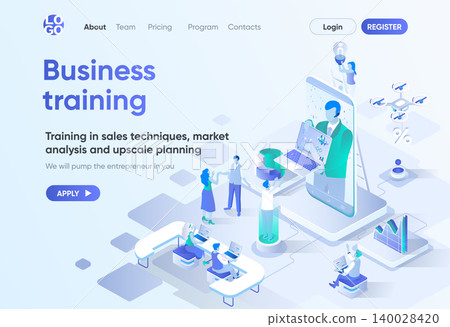 Business training isometric landing page. Coaching and mentoring, professional courses, skills development. Online webinar template for CMS and website builder. Isometry scene with people characters. 140028420