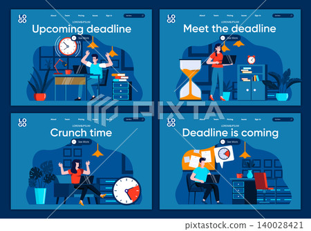 Deadline is coming flat landing pages set. Employee in panic, hurrying up with work project scenes for website or CMS web page. Meet the deadline, crunch time, upcoming deadline vector illustration Deadline is coming flat landing pages set. Employee in panic, hurrying up with work project scenes for website or CMS web page. Meet the deadline, crunch time, upcoming deadline vector illustration 140028421