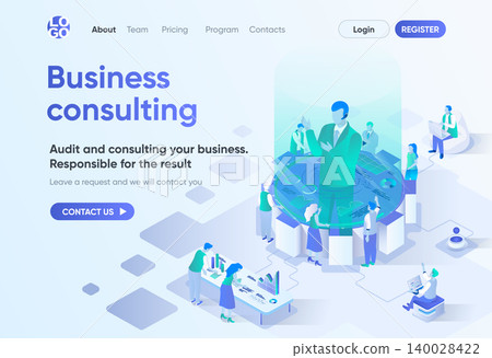 Business consulting isometric landing page. Competent expertise and assistance, professional audit. Business consultation template for CMS and website builder. Isometry scene with people characters. Business consulting isometric landing page. Competent expertise and assistance, professional audit. Business consultation template for CMS and website builder. Isometry scene with people characters. 140028422