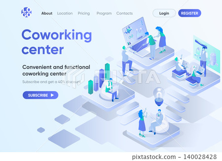 Coworking center isometric landing page. Business community teamwork, convenient and functional workspace. Coworking open area template for CMS and website. Isometry scene with people characters. Coworking center isometric landing page. Business community teamwork, convenient and functional workspace. Coworking open area template for CMS and website. Isometry scene with people characters. 140028428