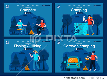 Caravan camping flat landing pages set. Traveling with backpack and camping tent, marshmallow roasting on campfire in wood scenes for website or CMS web page. Fishing and hiking vector illustration 140028437