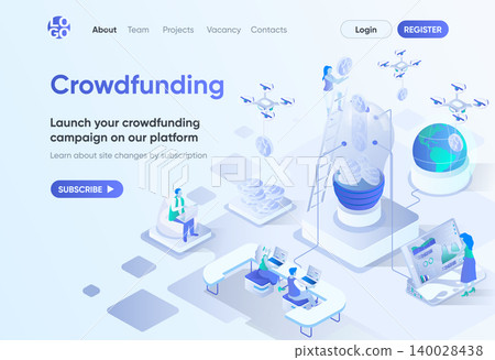 Crowdfunding platform isometric landing page. Crowdsourcing and alternative finance. Money fundraising for business project template for CMS and website builder. Isometry scene with people characters. Crowdfunding platform isometric landing page. Crowdsourcing and alternative finance. Money fundraising for business project template for CMS and website builder. Isometry scene with people characters. 140028438