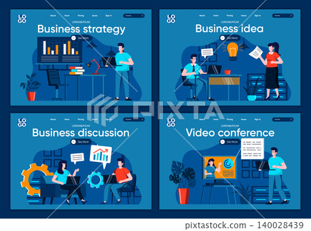 Business strategy flat landing pages set. Idea presentation with analytics, partnership and teamwork scenes for website or CMS web page. Business idea discussion, video conference vector illustration Business strategy flat landing pages set. Idea presentation with analytics, partnership and teamwork scenes for website or CMS web page. Business idea discussion, video conference vector illustration 140028439