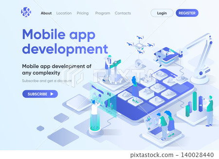 Mobile app development isometric landing page. UI UX responsive design, front end and back end development. Mobile software template for CMS and website builder. Isometry scene with people characters. Mobile app development isometric landing page. UI UX responsive design, front end and back end development. Mobile software template for CMS and website builder. Isometry scene with people characters. 140028440