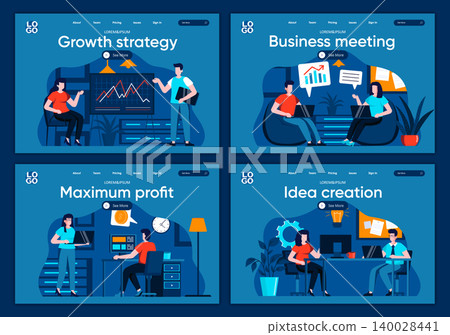 Business meeting flat landing pages set. Manager making presentation, teamwork of colleagues scenes for website or CMS web page. Growth strategy, maximum profit, idea creation vector illustration. Business meeting flat landing pages set. Manager making presentation, teamwork of colleagues scenes for website or CMS web page. Growth strategy, maximum profit, idea creation vector illustration. 140028441