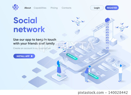 Social network isometric landing page. Mobile communication service, online chatting and media content sharing. Messaging template for CMS and website builder. Isometry scene with people characters Social network isometric landing page. Mobile communication service, online chatting and media content sharing. Messaging template for CMS and website builder. Isometry scene with people characters 140028442