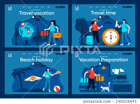 Travel vacation flat landing pages set. Summer time activity on beach, couple with luggage scenes for website or CMS web page. Travel time, beach holiday, vacation preparation vector illustration. Travel vacation flat landing pages set. Summer time activity on beach, couple with luggage scenes for website or CMS web page. Travel time, beach holiday, vacation preparation vector illustration. 140028445