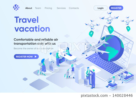 Travel vacation isometric landing page. Online booking service, comfortable air transportation and airport boarding. Travel agency template for CMS and website. Isometry scene with people characters. Travel vacation isometric landing page. Online booking service, comfortable air transportation and airport boarding. Travel agency template for CMS and website. Isometry scene with people characters. 140028446