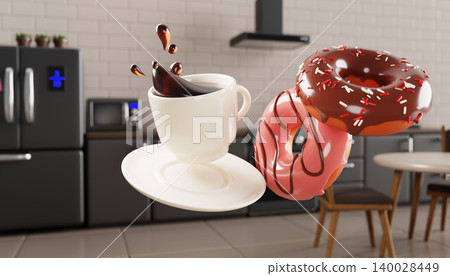 Coffee cup with donuts floating in 3d kitchen interior. Home cooking room with furniture, fridge, table, chairs and sweet breakfast. Homemade pastry for bakery. Food delivery concept. 3D illustration Coffee cup with donuts floating in 3d kitchen interior. Home cooking room with furniture, fridge, table, chairs and sweet breakfast. Homemade pastry for bakery. Food delivery concept. 3D illustration 140028449