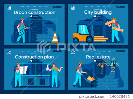 City building flat landing pages set. Professional engineering and building, people working on construction site scenes for website or CMS web page. Real estate, urban construction vector illustration City building flat landing pages set. Professional engineering and building, people working on construction site scenes for website or CMS web page. Real estate, urban construction vector illustration 140028455