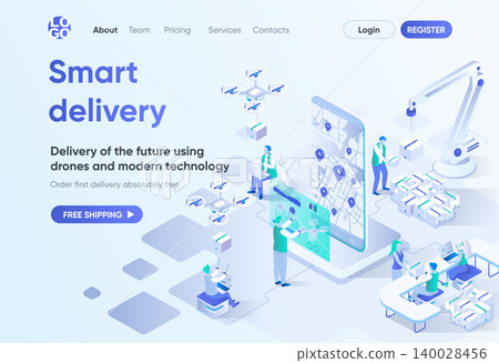 Smart delivery isometric landing page. Delivery by quadcopter, local shipping service, online tracking. Express delivery template for CMS and website builder. Isometry scene with people characters. Smart delivery isometric landing page. Delivery by quadcopter, local shipping service, online tracking. Express delivery template for CMS and website builder. Isometry scene with people characters. 140028456