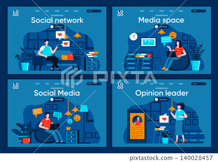 Social media flat landing pages set. Online communication and messaging with digital devices scenes for website or CMS web page. Social network, media space and opinion leader vector illustration 140028457