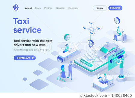 Taxi service isometric landing page. Best drivers and new cars, city transfer, passenger transportation. Online taxi order template for CMS and website builder. Isometry scene with people characters. 140028460