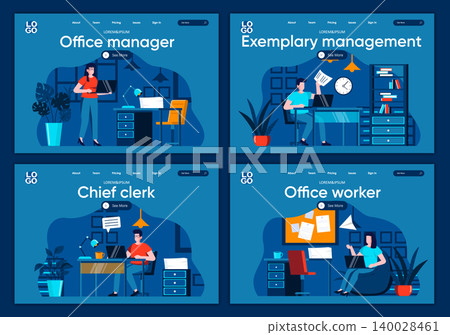 Office management flat landing pages set. Tasks management and planning, work organization scenes for website or CMS web page. Office management, chief clerk and manager vector illustration. 140028461