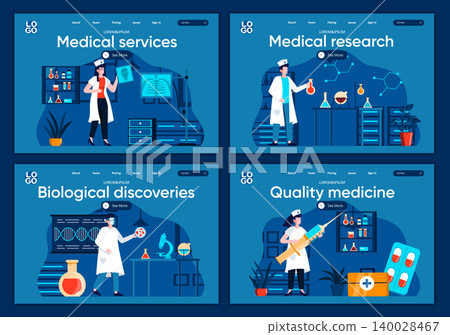 Medical services flat landing pages set. Diagnosis and treatment in modern clinic scenes for website or CMS web page. Medical research, biological discoveries, quality medicine vector illustration. 140028467