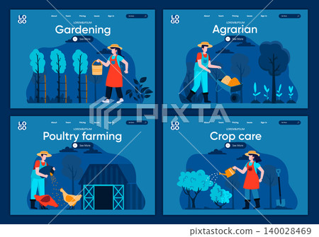 Natural farming flat landing pages set. Farmers planting and watering crop, feeding farm animals scenes for website or CMS web page. Poultry farming, agrarian, crop care, gardening vector illustration Natural farming flat landing pages set. Farmers planting and watering crop, feeding farm animals scenes for website or CMS web page. Poultry farming, agrarian, crop care, gardening vector illustration 140028469