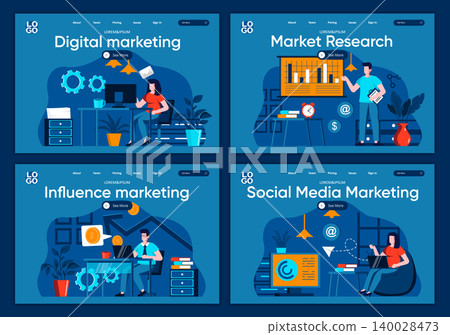Social media marketing flat landing pages set. Analytics and strategy planning of advertising scenes for website or CMS web page. Market research, digital and influence marketing vector illustration. 140028473