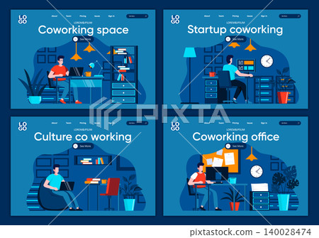 Coworking space flat landing pages set. Designers and developers working at open workspace scenes for website or CMS web page. Startup coworking, culture of co working in office vector illustration Coworking space flat landing pages set. Designers and developers working at open workspace scenes for website or CMS web page. Startup coworking, culture of co working in office vector illustration 140028474